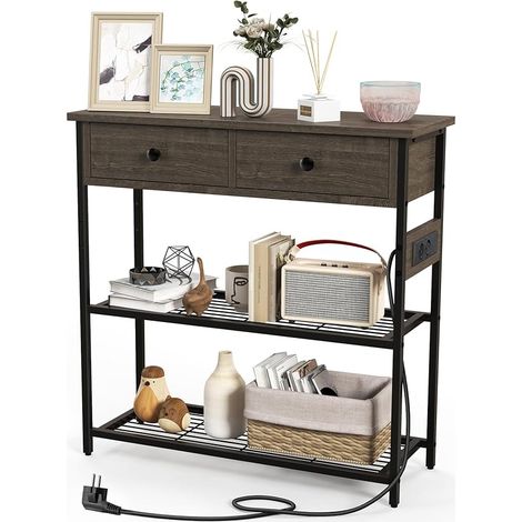 COSTWAY Tavolo Consolle Stretto con 2 Cassetti e 2 Ripiani in Rete Metallica, Tavolo d'Ingresso con Stazione di Ricarica, 2 Prese AC e 2 Porte USB, Ideale per Salotto, Ingresso e Corridoio (Grigio) (1/5)