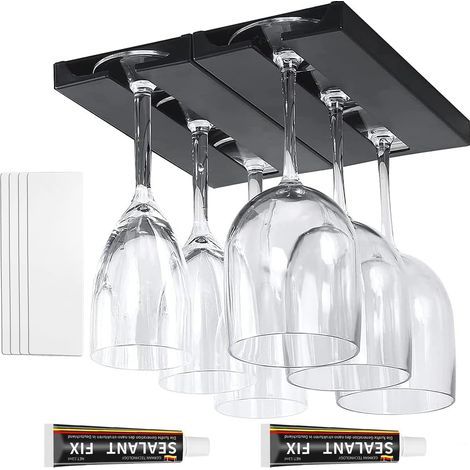 LAOA 2er-Set Hängende Glashalter, Hängendes Weinglasregal, Weinglashalter für die Unterbaumontage, Selbstklebender Hänge-Stielglashalter für Zuhause, Bar, Küche, Restaurant (Schwarz) (1/5)