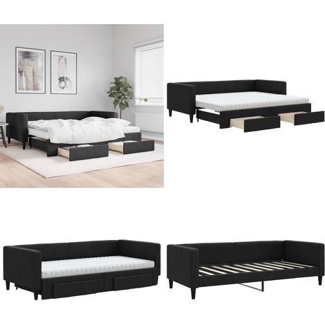 Tagesbett Ausziehbar mit Schubladen Schwarz 90x190 cm Stoff - Schlafsofa - Sofa-Bett (1/5)