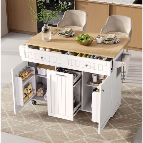 Isla de cocina con ruedas (140x40x92 cm), mesa extensible, cajones multifunción, MDF, blanco y natural (1/5)