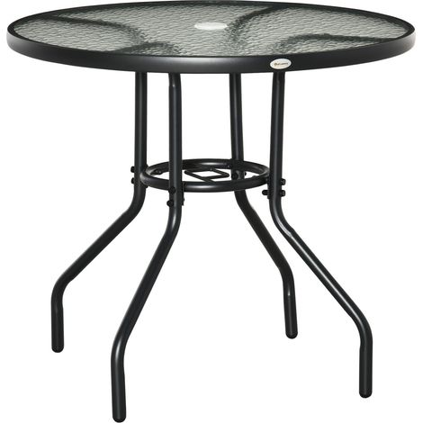 Gartentisch Garten Beistelltisch Gartenmöbel Balkontisch Bistrotisch Mit Schirmloch Hartglas + Metall Schwarz Ø80 X 72 Cm