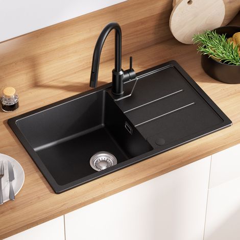 DERW Max Küchenspüle Granit 78 x 45 cm Aufsatzspüle mit Abtropffläche, Granitspüle inkl. Siphon Ab- und Überlaufgarnitur