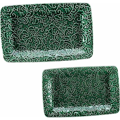 Piatti natalizi decorativi in ceramica con decorazioni agrifoglio a rilievo