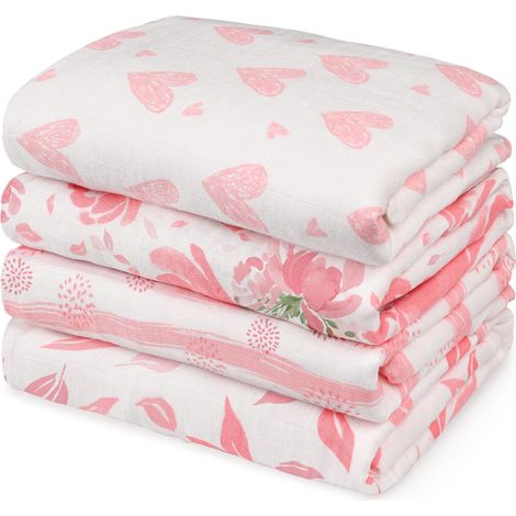 Ensemble de 4 langes en mousseline pour bébé (89 x 102 cm) - Couvertures douces pour bébé fille et garçon - Essentiels pour nouveau-né - Bavoirs en mousseline - Couverture d'emmaillotage - Cadeau de n (1/5)