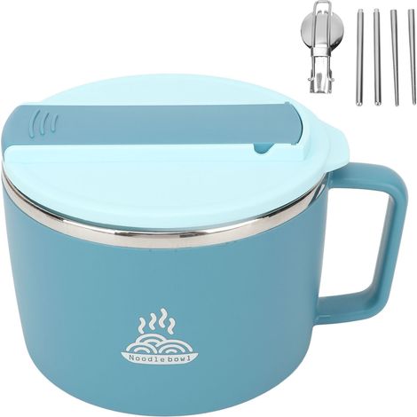 Bol à nouilles portable en acier inoxydable 304 avec couvercle, baguettes et cuillère-fourchette, 1200ml, idéal pour bureau et repas au travail. (1/5)
