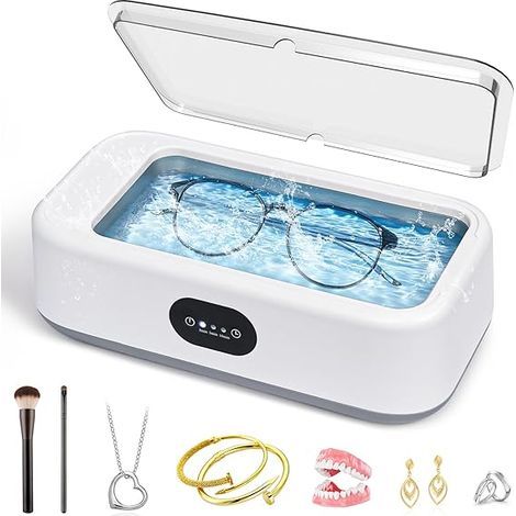 Nettoyeur de bijoux à ultrasons, nettoyeur de lunettes à ultrasons 49 000 Hz avec 3 modes de minuterie, nettoyage en profondeur à 360 ° pour bijoux en argent pour lunettes, bagues, montres (1/5)