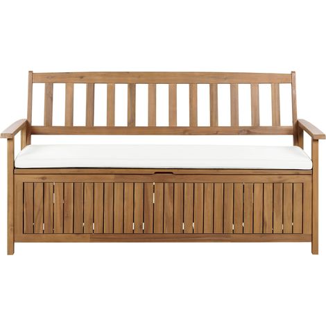 Outdoor Bench with Storage Solid Acacia Wood 3 Seater 160 cm with Off White Cushion SOVANA