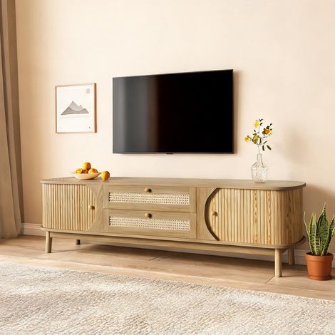 Meuble TV 170 cm avec portes et tiroirs bois et rotin en MDF (1/5)
