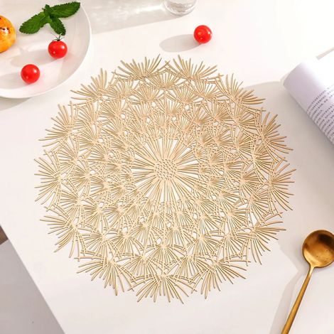 Set de table rond en PVC doré ajouré à motif pissenlit, créatif, imperméable, résistant à l'huile, estampé à chaud et isolant, lot de 6. (1/4)