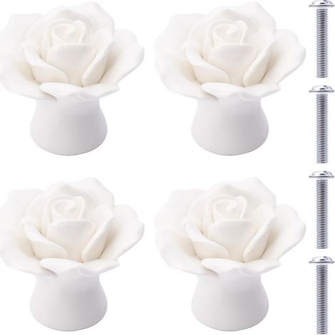 Set di 4 pomelli in ceramica, pomelli per cassetti in ceramica a forma di fiore, pomelli per mobili in porcellana rosa per cassetti, armadi e ante di credenze (bianco) (1/5)