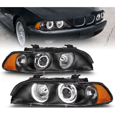 Tuning-Scheinwerfer-Set mit Angel Eyes für BMW 5er-Serie (E39) 1997–2003, schwarz, inkl. Leuchtmittel