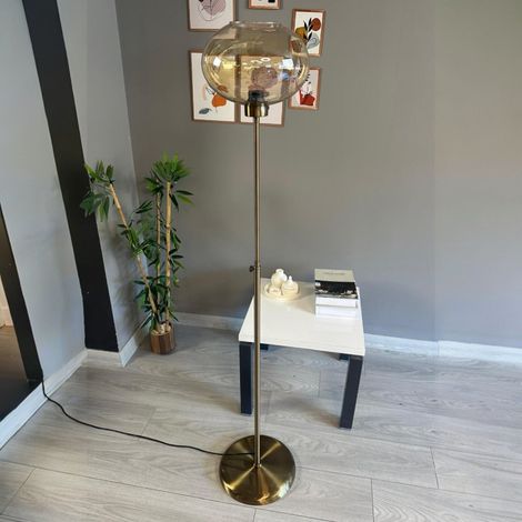 Lampadaire Koriel Verre, Moderne, Lampadaire pour Salon, Chambre à Coucher, Chambre d'enfant avec Douille E27, Largeur 37 cm, Abat-jour Réglable, Lampadaire avec Tablette et Variateur (1/4)