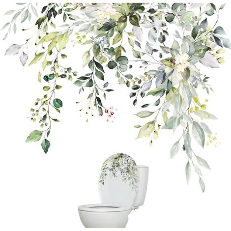 Autocollants De Toilette Feuilles Plantes Couvercle Siège Peel Amovible Murale Autocollant Mural Salle Bains Décor Fleurs Vertes (1/5)