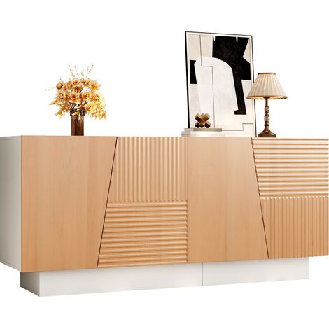 Buffet de rangement 4 portes, 2 espaces séparés, étagères réglables, finition blanc et bois clair, structure PB/MDF, 160 cm, CHICFURN (1/5)