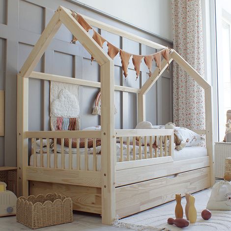 Cama cabaña 90x190 con barandilla somier y cajón Sofia Madera (1/3)