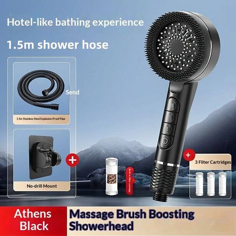 (Ensemble noir 3 pièces) Pommeau de douche multifonction à 4 modes de pression, réglable, avec large jet et fonction massage, accessoire de salle de bain (1/5)