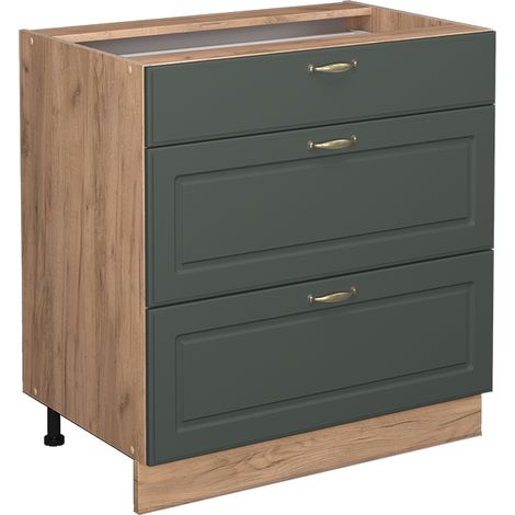 Mueble bajo de cocina Fame-Line, Verde dorado Casa de campo, 80 cm con 3 cajones, sin encimera, Vicco