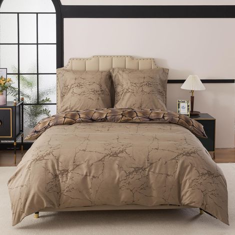 Parure de lit 2 pièces avec housse de couette 155 x 220 cm et 1 taie d'oreiller 80 x 80 cm avec fermeture éclair - Motif marbre - Marron - Parure de lit réversible - Pour lit simple (1/5)