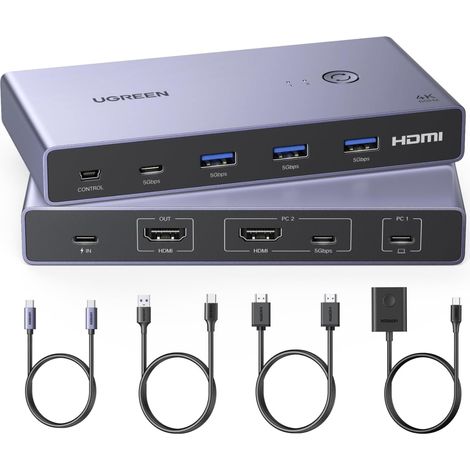 KVM Switch HDMI USB C 4K 60Hz 2 Entrées 1 Sortie Commutateur KVM 4 Ports USB 3.0 3A1C 5Gbps Compatible avec PS5 Ordinateur Hôte Steam Deck Câble HDMI et Câble USB-C Vidéo Inclus (1/5)