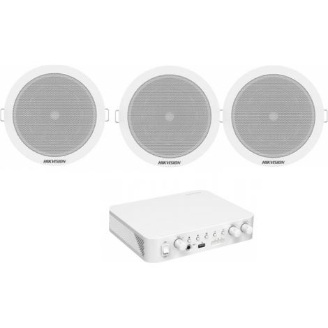 Kit Audio Filodiffusione Hikvision con Amplificatore 60W 100V BT USB MIC e 3 Altoparlanti da Incasso 6W 93dB