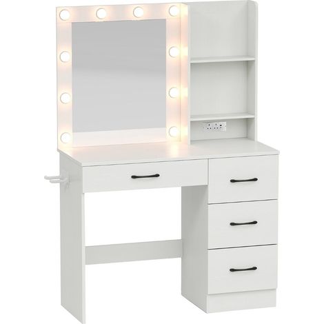 Mesa de maquillaje 94 x 40 x 138,5 cm con espejo LED de 3 colores y moderna estación de carga en aglomerado blanco 200014016