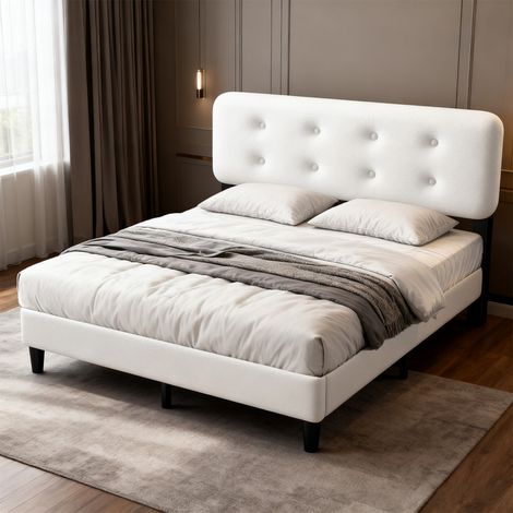 Lit adulte, 160 x 200 cm, châlit Cadre de lit rembourré,châlit Tête de lit réglable, hauteur 26.5 cm, blanc (1/4)