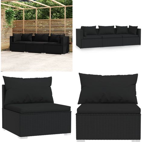 Divano a 3 Posti con Cuscini in Polyrattan Nero - Divano da patio - Divano a 3 posti