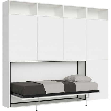 Lit escamotable horizontal blanc Bounto 85x185 avec rangement et bibliothèque composition B- (1/5)