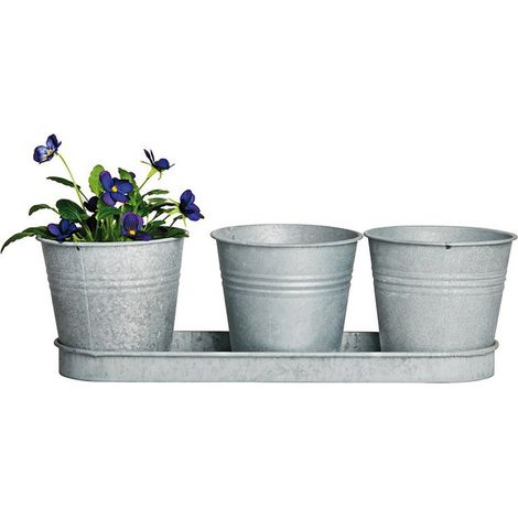 Lot de 3 pots à fleurs avec soucoupe en zinc patiné - 11,1 x 32,8 x 10,5 cm - Gris - Livraison gratuite (1/3)