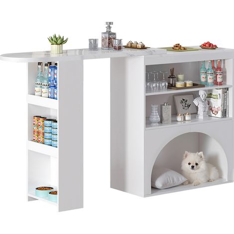 Table de bar extensible blanche 120(+80)×40×100 cm avec niche pour animal, plateau aspect marbre, rangement ouvert, idéale petits espaces  CHICFURN (1/5)