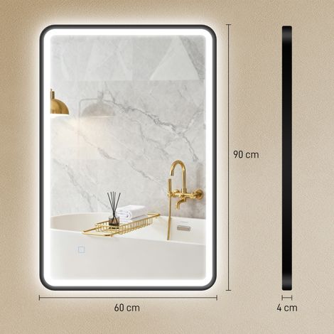 Miroir mural salle de bain LED 90x60 cm, lumière 3 modes, variateur d'intensité, mémorisation, pose horizontale/verticale, cadre noir élégant (1/5)