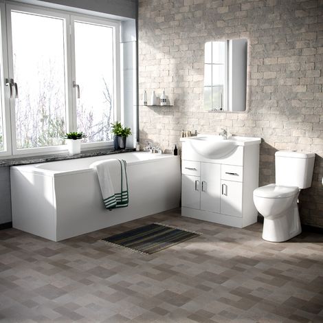 Memphis 3-Piece Bathroom Suite White - Close Coupled Toilet, 750mm Basin Vanity Unit and Round Bath Tub (1/5)