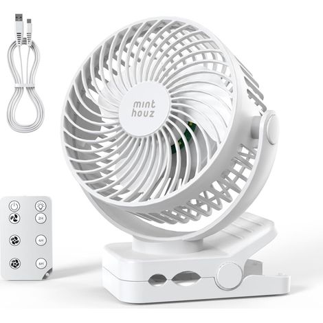 Ventilateur portable USB rechargeable 12000 mAh avec clip et télécommande, 45H d'autonomie, silencieux, 3 vitesses, lumière LED, rotation à 360°, minuteur, pour bureau, camping et poussette (1/5)