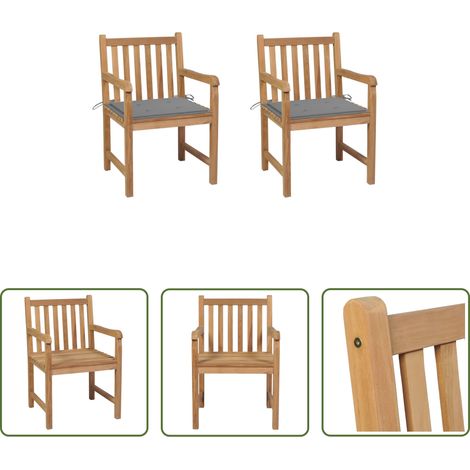 Chaise de jardin teck - Chaises de jardin lot de 2 et coussins gris Bois de teck massif (1/5)