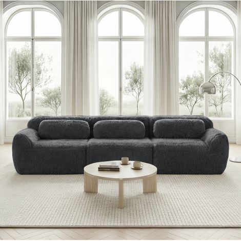 Sofá modular de 3 plazas en tejido peluche gris, sin montaje, base antideslizante (1/5)