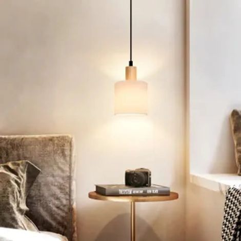 GBLY Pendelleuchte 1 Flammig Esstischlampe Holz - Wohnzimmerlampe E14 Weiß Esszimmerlampe Vintage Hängelampe Rustikal Küche Flurlampe Stoff für Wohnzimmer Restaurant Schlafzimmer Flur Esstisch