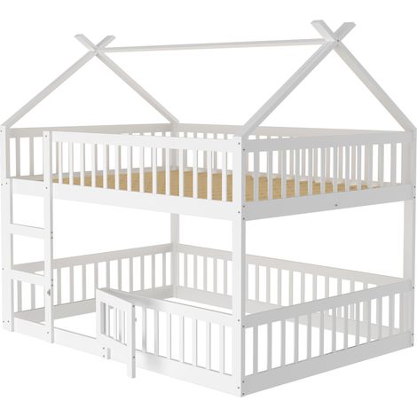 Lit superposé enfant 140x200 cm, lit familial, avec escalier, design mezzanine, cadre bois massif, blanc, chambre enfant, matelas non inclus (1/5)