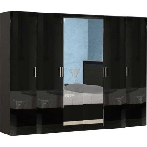 Grande armoire moderne 6 portes bois noir laqué et miroir Mona 272cm (1/5)