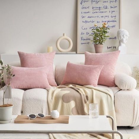 Housse De Coussin - Velours Côtelé Rayé - 45 X 45 Cm - Rose Pâle - Lot De 2 (1/5)