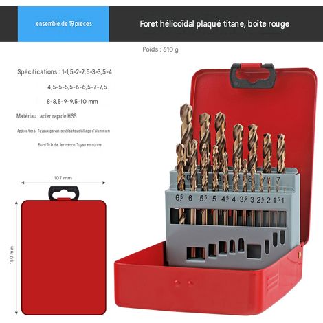 Coffret de 19 forets hélicoïdaux plaqués titane, dans une boîte rouge
