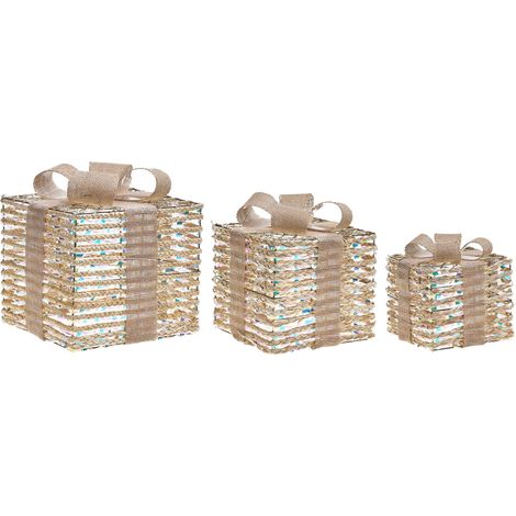 Lot de 3 Cadeaux de Noël Décoratifs LED avec Nœud pour Intérieur Accessoires Lumineux Beige Mosso (1/5)