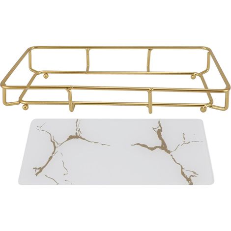 Plateau de vanité de Salle de Bain élégant Moderne, Organisateur de Rangement de Comptoir avec Conception Antidérapante, en Fer et Verre, Facilement Nettoyée, pour L'évier de la'S Blanc'-