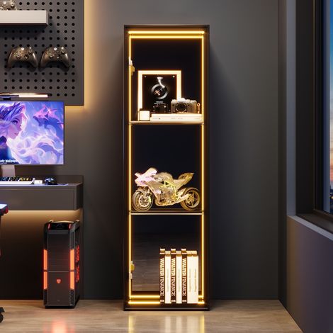 Vitrine pour Collection, Vitrine en Verre Meuble de Rangement avec Éclairage LED et Fond Miroir, 3 Niveaux, Design Moderne, 30x30x90 cm, Noir