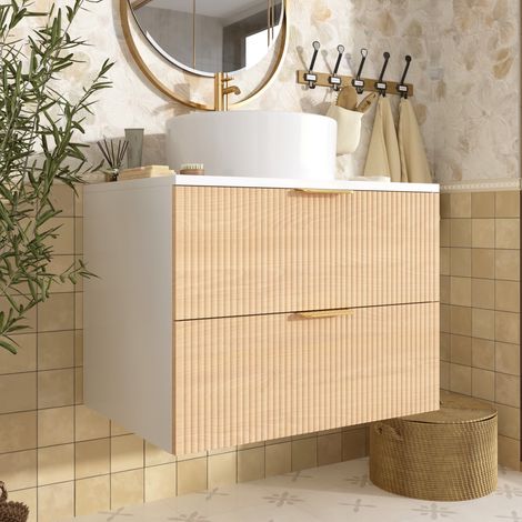 Mobile per lavabo a muro 60 cm, con lavabo e 2 cassetti, ripiani, in MDF, legno naturale (1/5)