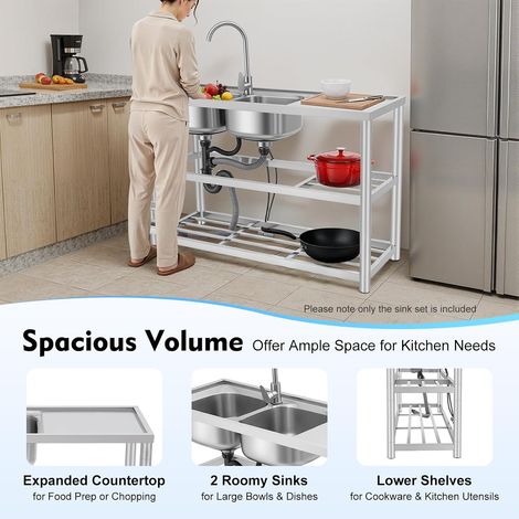 Évier 2 Bacs Inox 120 cm, Double Bac avec Égouttoir et Étagère, Table Évier Cuisine avec Robinet 360° Plan Travail Intégré, Évier à Poser pour Jardin Garage Atelier (1/5)