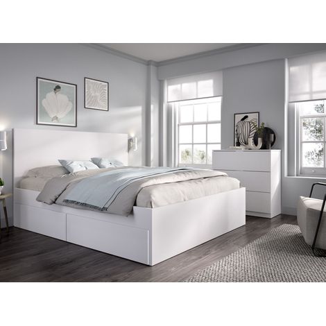 DEKIT GRUPO RIMOBEL LAGO PACK - CAMA PARA DORMITORIO 135/140X190 CON 4 CAJONES Y XIFONIER DE 5 CAJONES - BLANCO