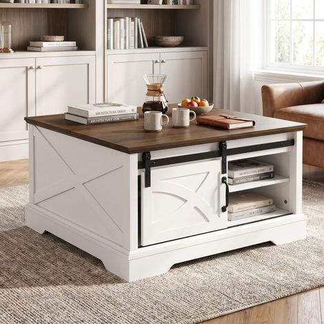 Parrot Uncle White Wooden Coffee Table with Storage, 80cm Square Coffee Table with Lift-Up Top Design, Farmhouse Coffee Table with Sliding Barn Door and Hidden Storage for Living Room (1/5)