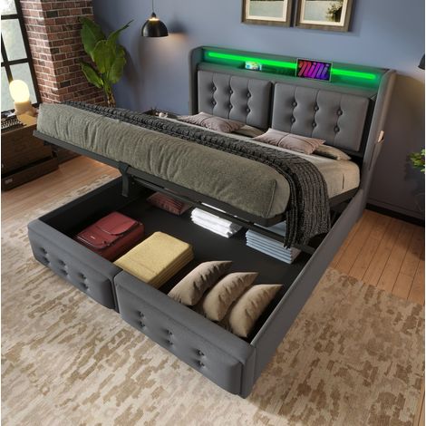 Cama canapé 180x200 cm en tejido gris con LED y USB-C, con almacenaje, sin colchón – MEUBLIV (1/5)