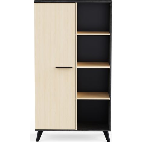Buffet haut meuble de rangement 1 porte 4 niches couleur chêne / anthracite - Largeur 83 x Profondeur 39,2 x Hauteur 153,9 cm (1/5)