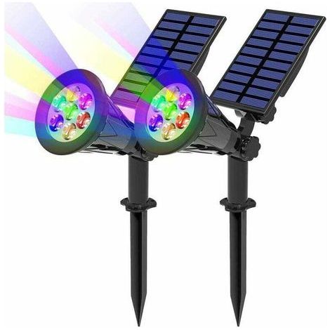 2er-Pack 7 LED-Solarleuchten, 7 Farbwechsel, kabellos, für den Außenbereich, IP65, wasserdicht, solarbetriebene Strahler mit 180° verstellbaren Solarleuchten für den Außenbereich für Garten, Hof, Auße